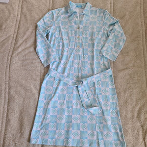 J. Mclaughlin Catalina Cloth Dress Button Sleeves 3/4 Blue White Medium Abstract